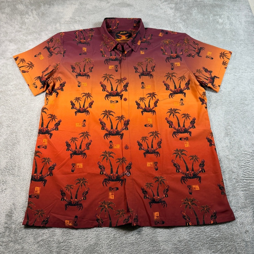 Retro Rifle Synth Crab Button Up Shirt Mens 2XL Orange Short Sleeve